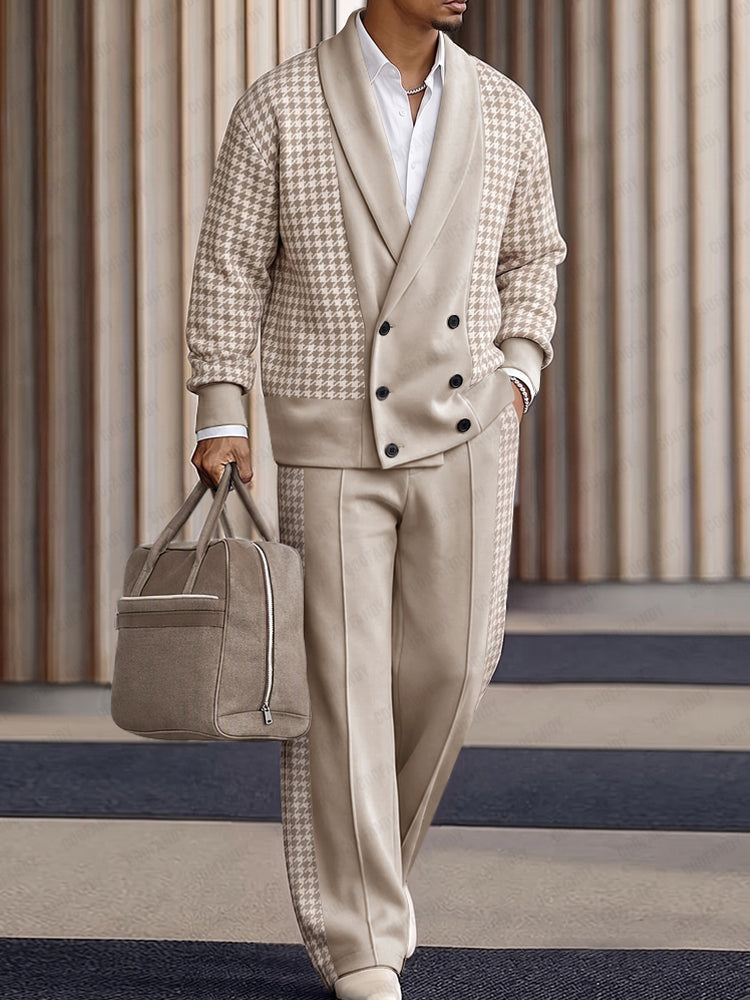 Quiet Luxury Houndstooth Splicing Matching Set - Khaki
