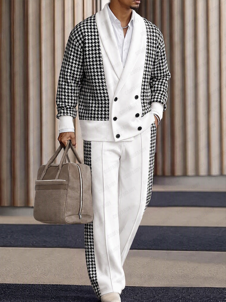 Quiet Luxury Houndstooth Splicing Matching Set - White/Black