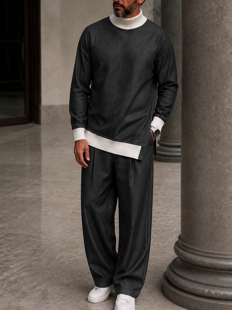Leisure Contrast Rib Turtleneck Co-ord Set - Black
