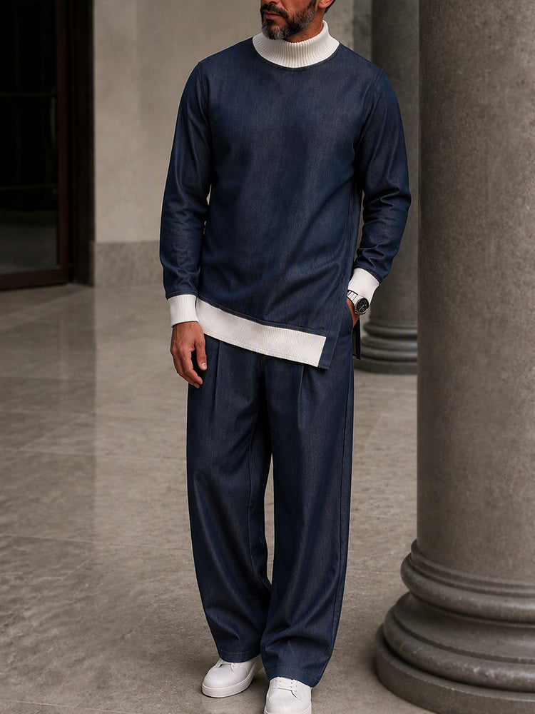Leisure Contrast Rib Turtleneck Co-ord Set - Denim Blue