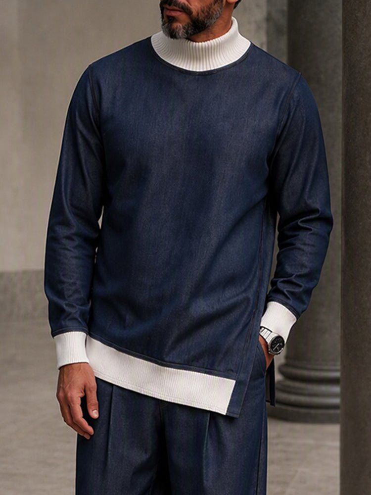 Leisure Contrast Rib Turtleneck Co-ord Set - Denim Blue