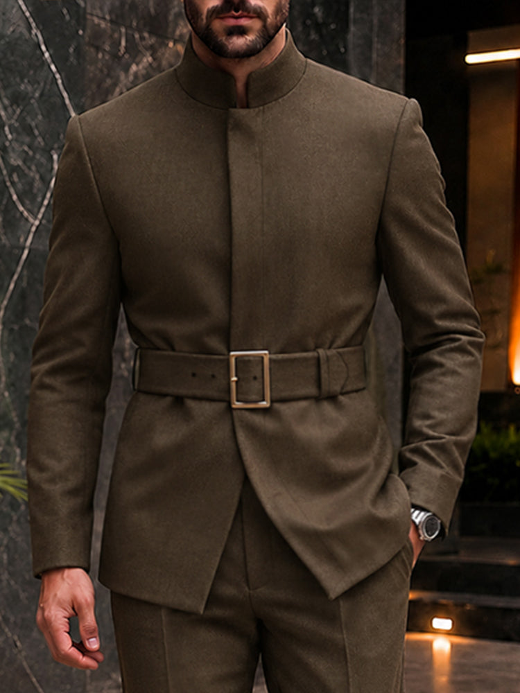 Urban Sleek Belted Blazer and Pants Set - Brown