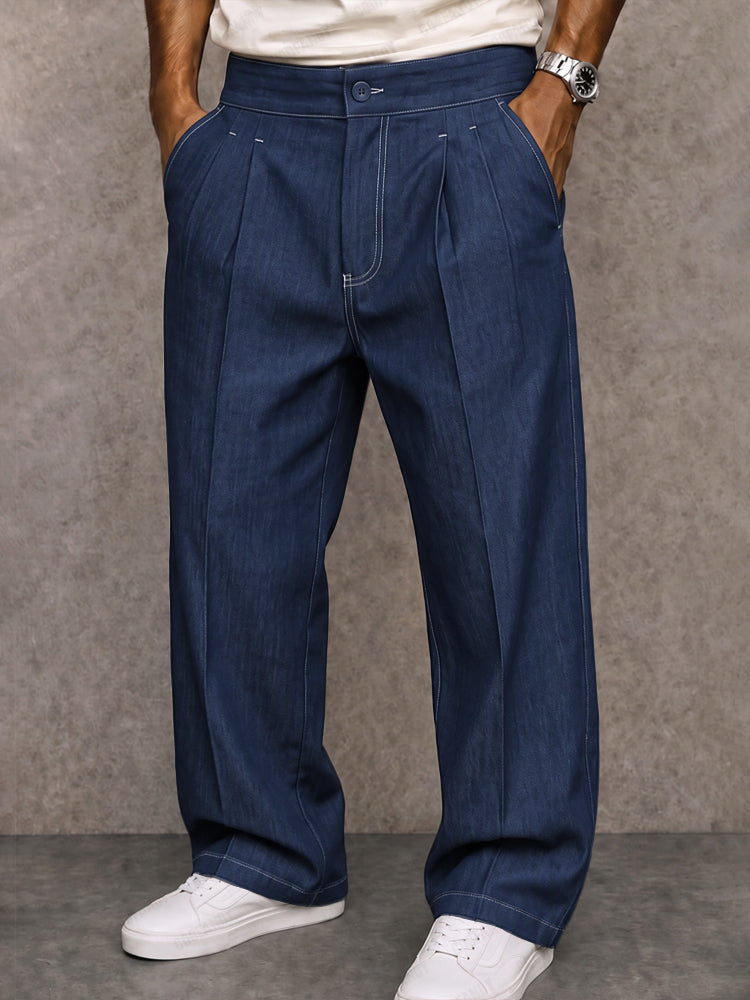 Casual Straight Leg Faux Denim Pants - Denim Blue