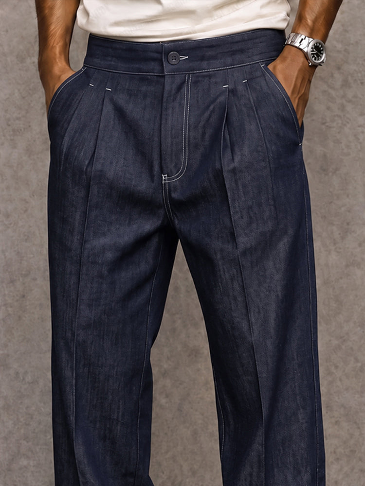 Casual Straight Leg Faux Denim Pants - Navy Blue