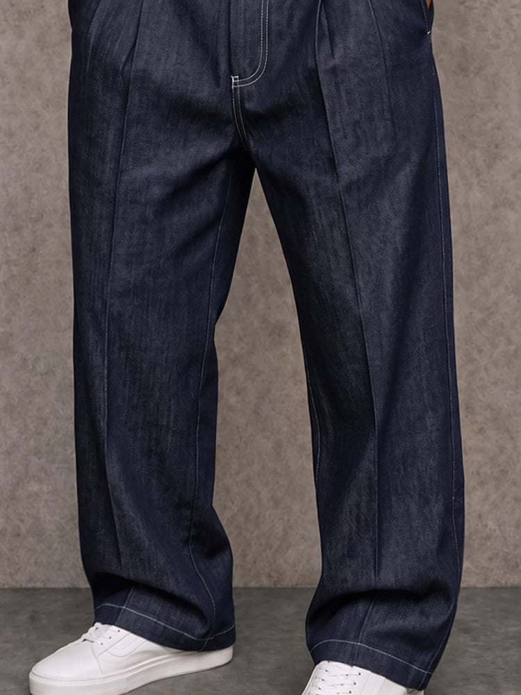 Casual Straight Leg Faux Denim Pants - Navy Blue