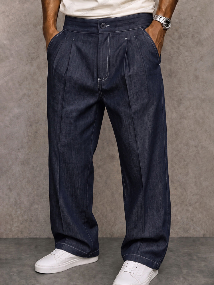 Casual Straight Leg Faux Denim Pants - Navy Blue