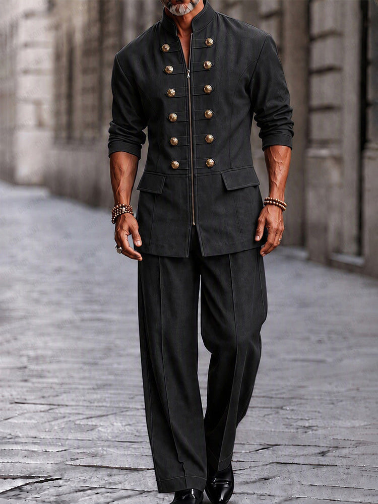 Modern Button Decor Faux Denim Co-ord Set - Black
