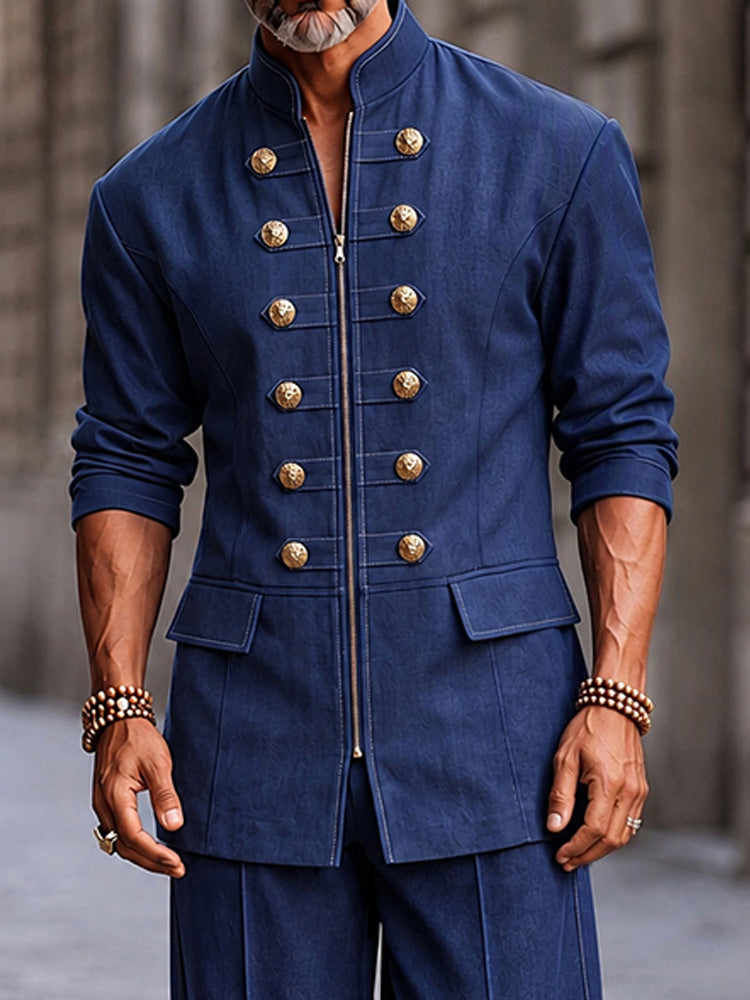 Modern Button Decor Faux Denim Co-ord Set - Blue