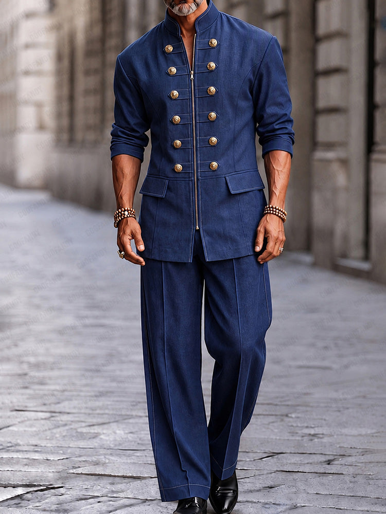 Modern Button Decor Faux Denim Co-ord Set - Blue