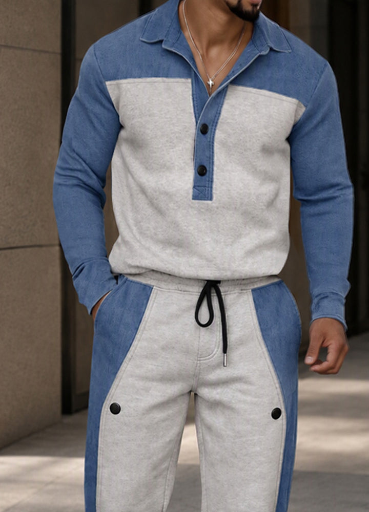 Effortless Style Contrast Patchwork Sweatsuit Set - Gray
