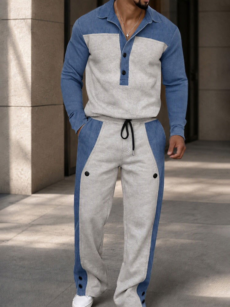 Effortless Style Contrast Patchwork Sweatsuit Set - Gray
