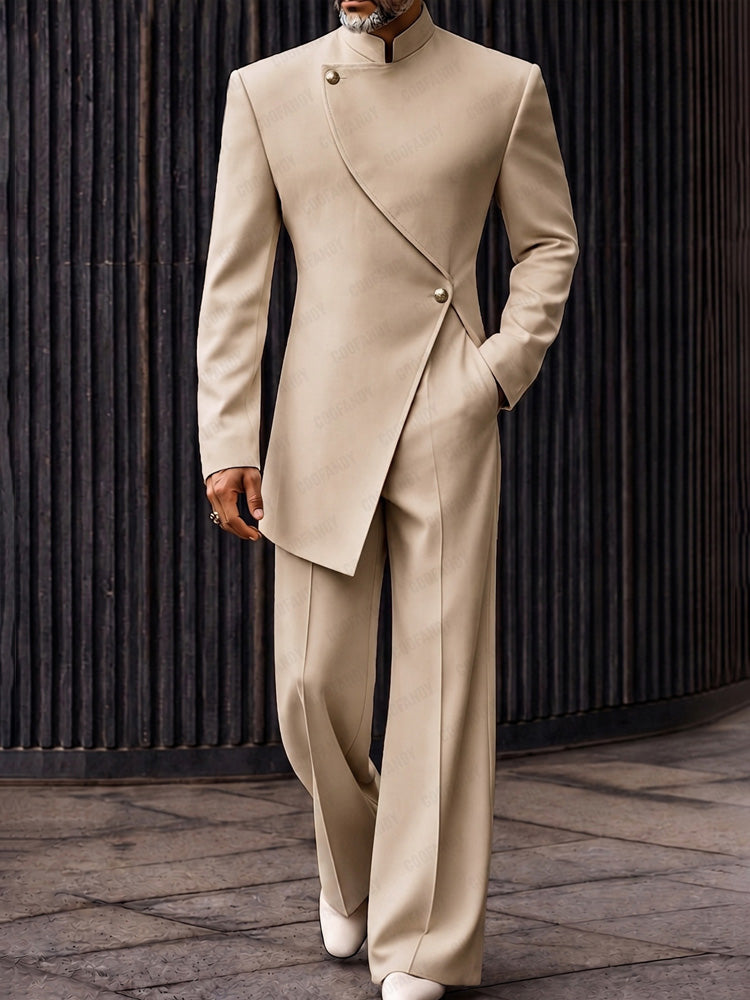 Modern Asymmetric Cut Blazer Pants Set - Beige