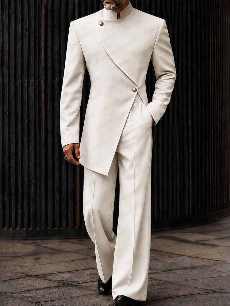 Modern Asymmetric Cut Blazer Pants Set - White