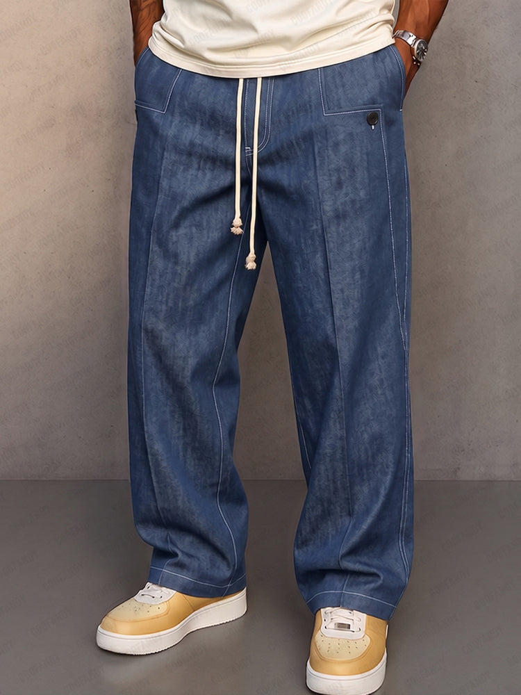 Casual Faux Denim Drawstring Pants - Blue