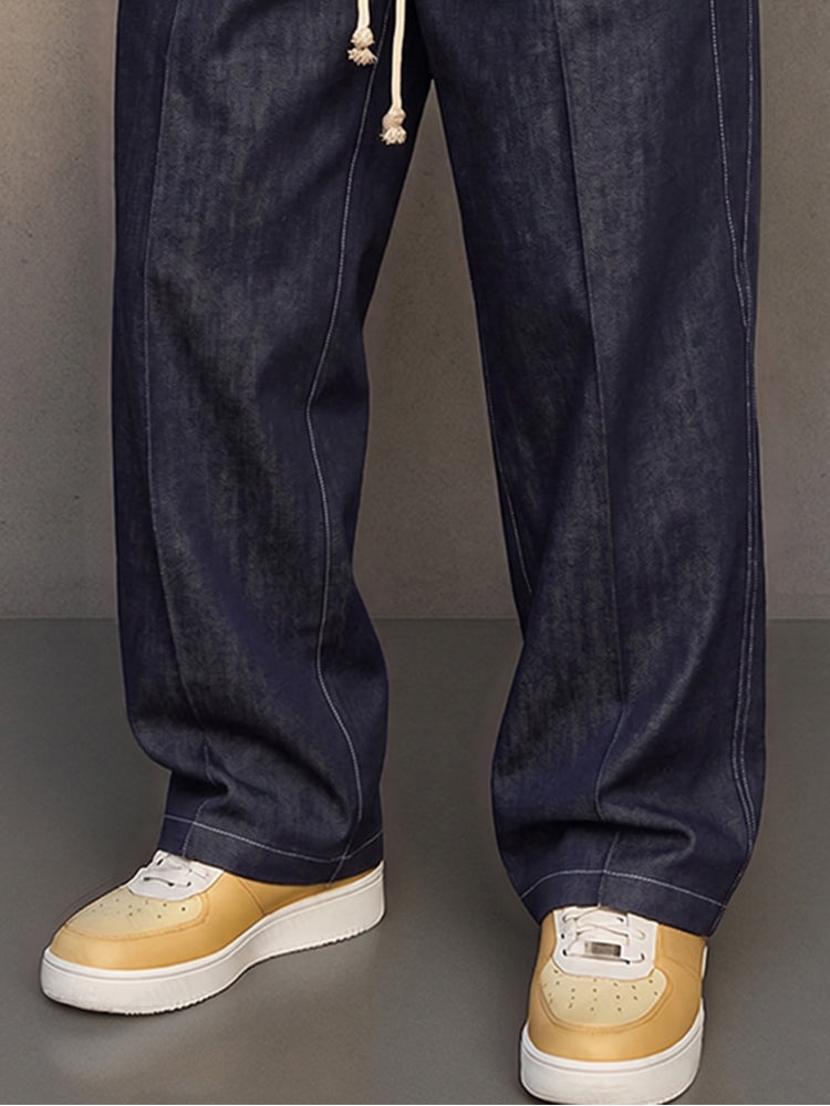 Casual Faux Denim Drawstring Pants - Dark Blue