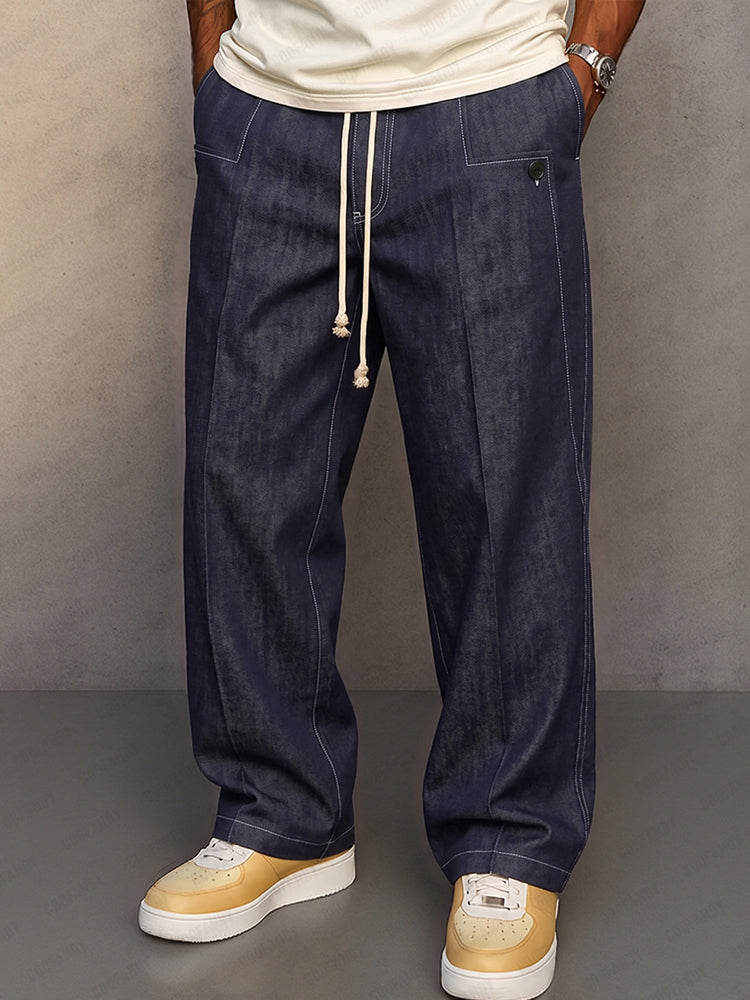Casual Faux Denim Drawstring Pants - Dark Blue