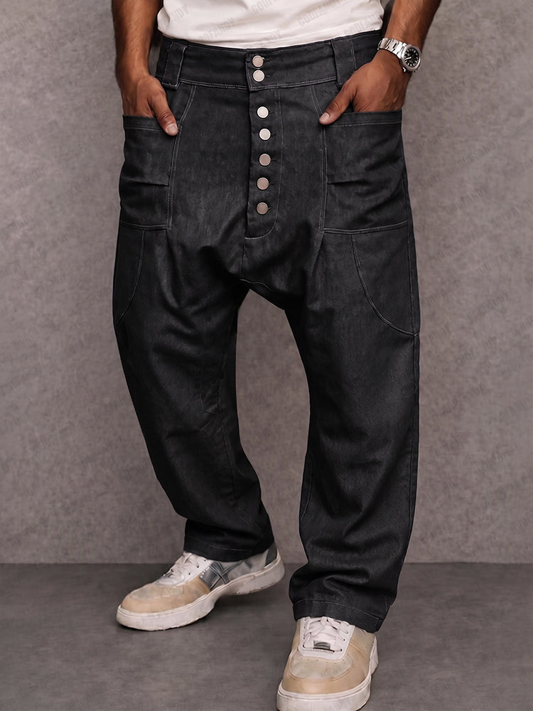 Casual Streetwear 100% Cotton Drop Crotch Pants - Black
