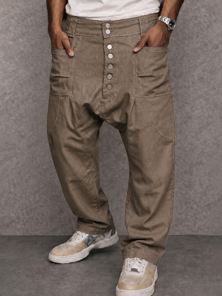 Casual Streetwear 100% Cotton Drop Crotch Pants - Khaki