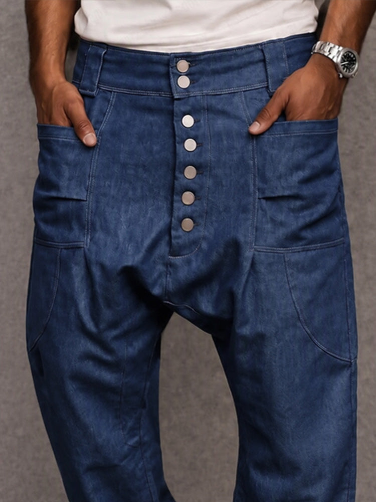 Casual Streetwear 100% Cotton Drop Crotch Pants - Navy Blue