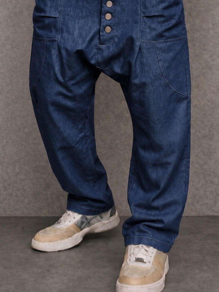 Casual Streetwear 100% Cotton Drop Crotch Pants - Navy Blue