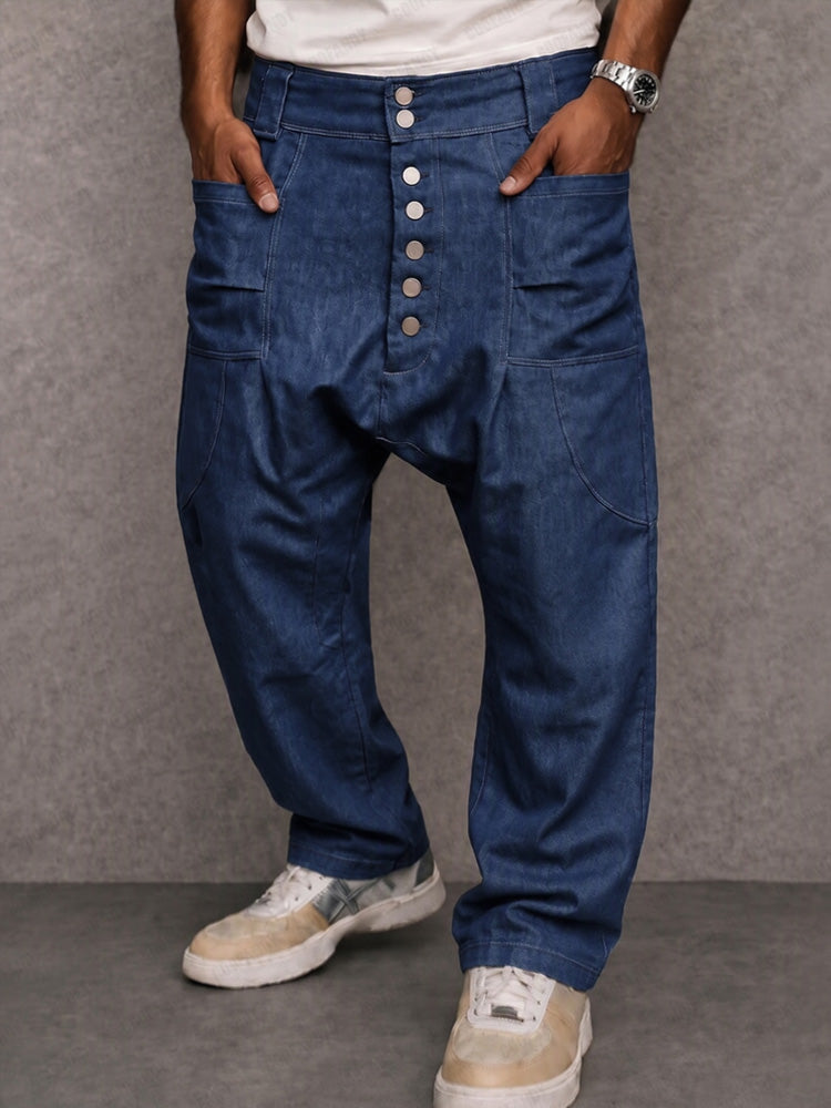 Casual Streetwear 100% Cotton Drop Crotch Pants - Navy Blue