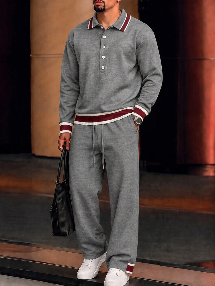 Elevated Casual Contrast Trim Matching Set - Gray