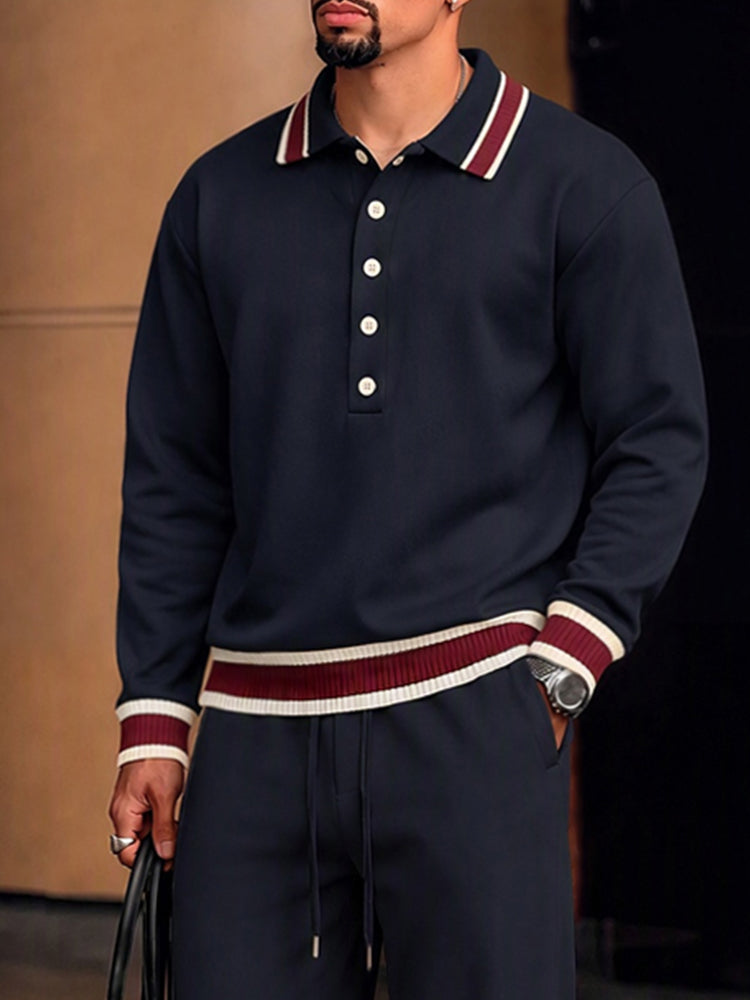 Elevated Casual Contrast Trim Matching Set - Navy Blue