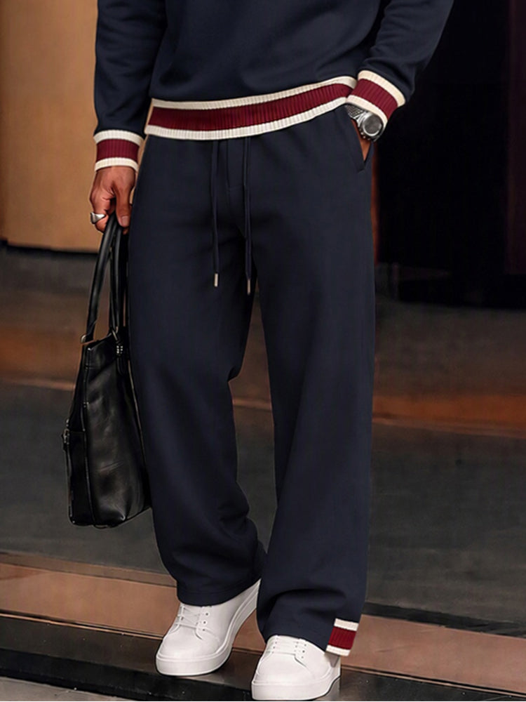Elevated Casual Contrast Trim Matching Set - Navy Blue