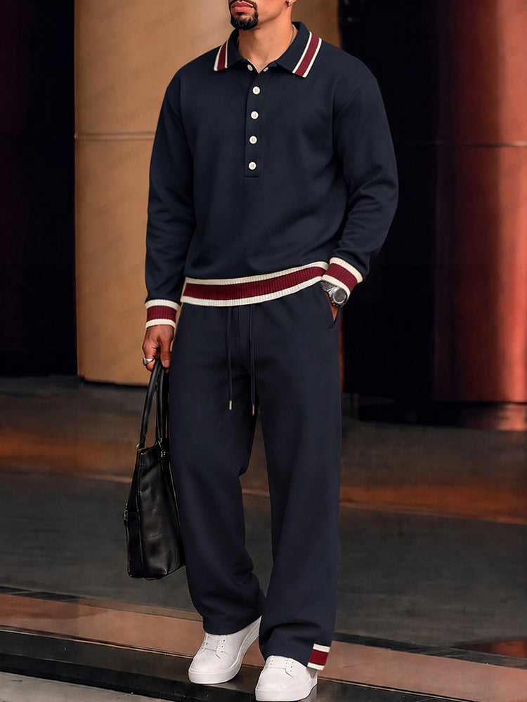 Elevated Casual Contrast Trim Matching Set - Navy Blue
