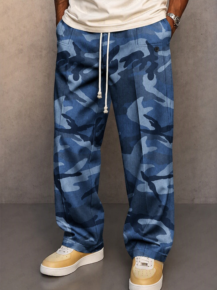 Casual Camouflage Printed Drawstring Pants - Blue