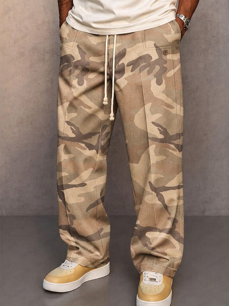 Casual Camouflage Printed Drawstring Pants - Khaki