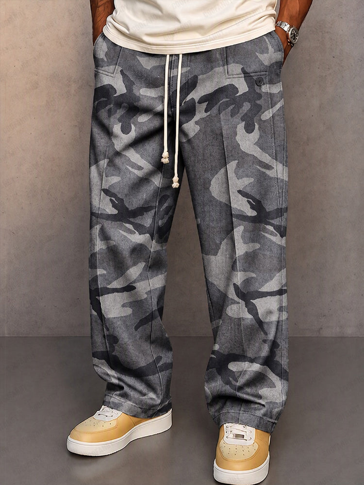 Casual Camouflage Printed Drawstring Pants - Light Gray
