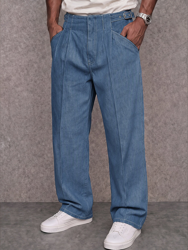 Premium Cotton Adjustable Waist Faux Denim Pants - Light Blue