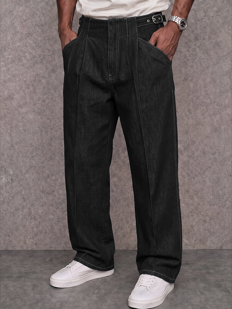 Premium Cotton Adjustable Waist Faux Denim Pants - Black