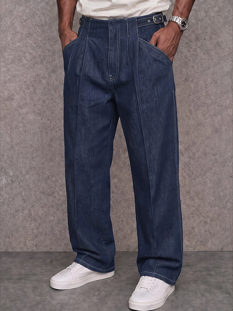 Premium Cotton Adjustable Waist Faux Denim Pants - Dark Blue