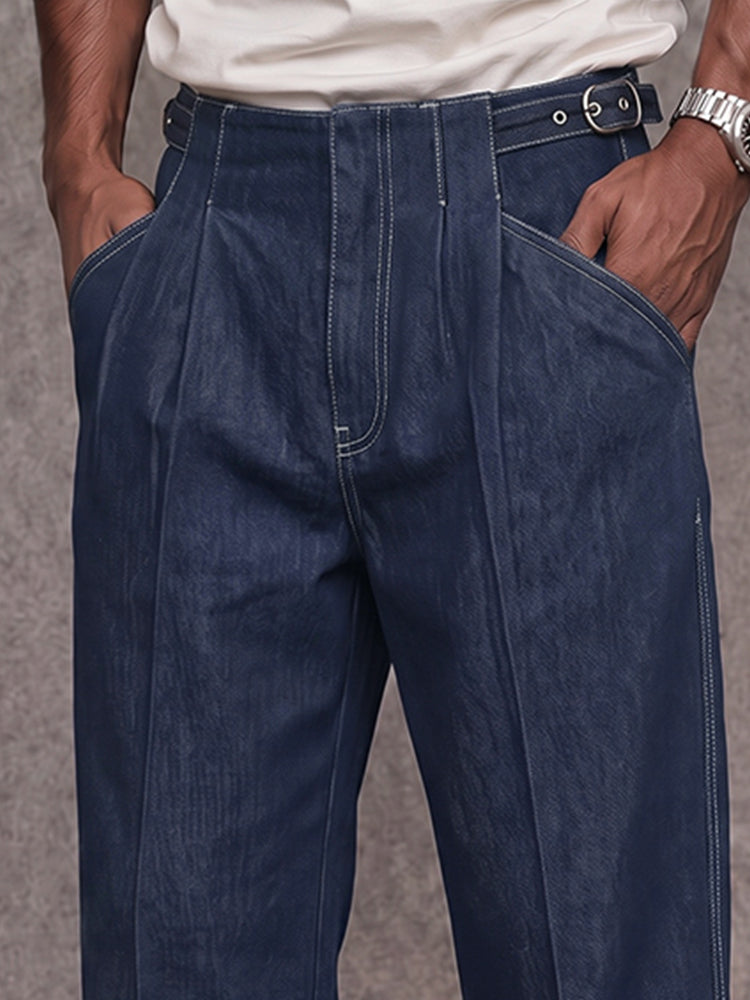 Premium Cotton Adjustable Waist Faux Denim Pants - Dark Blue