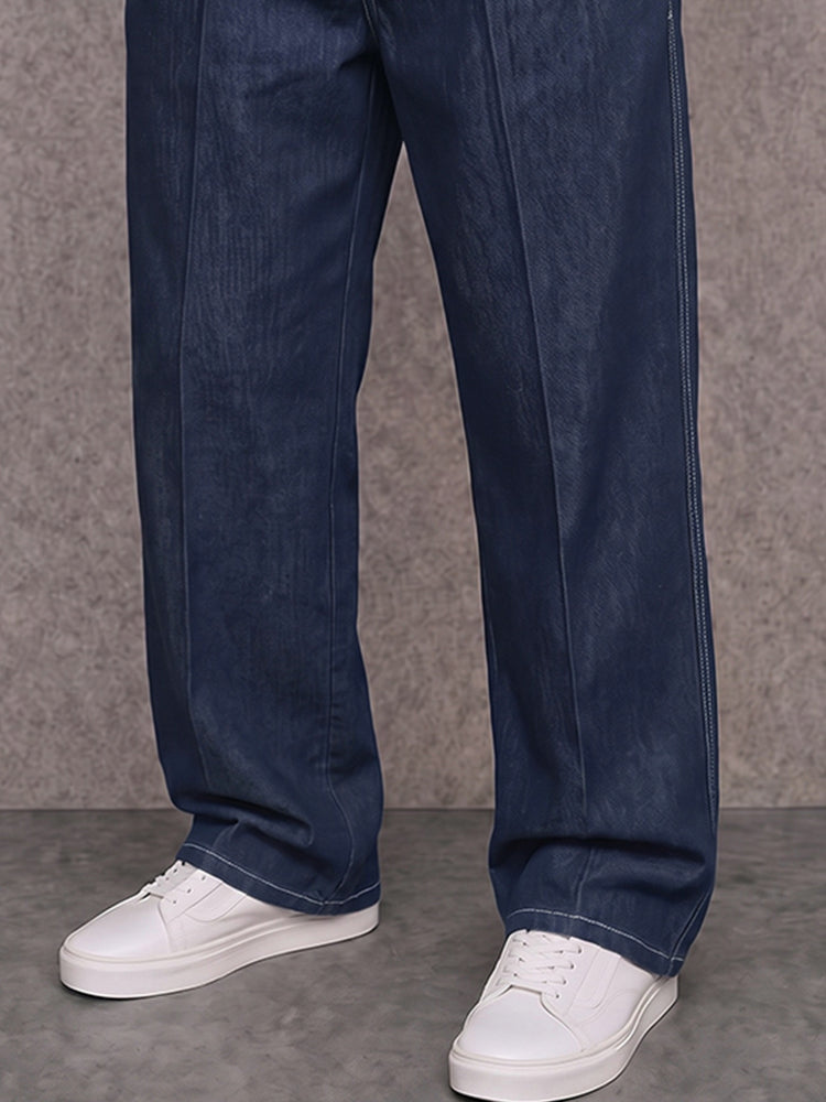 Premium Cotton Adjustable Waist Faux Denim Pants - Dark Blue