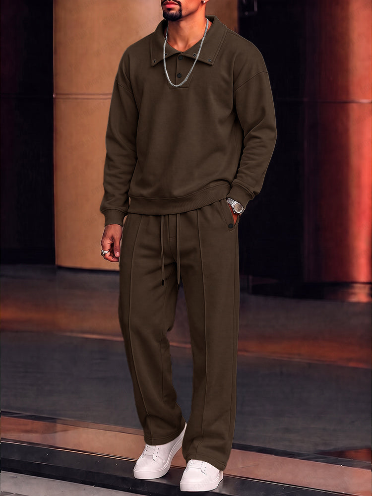 Casual Convertible Collar Fleece Sweatshirt Set - Brown