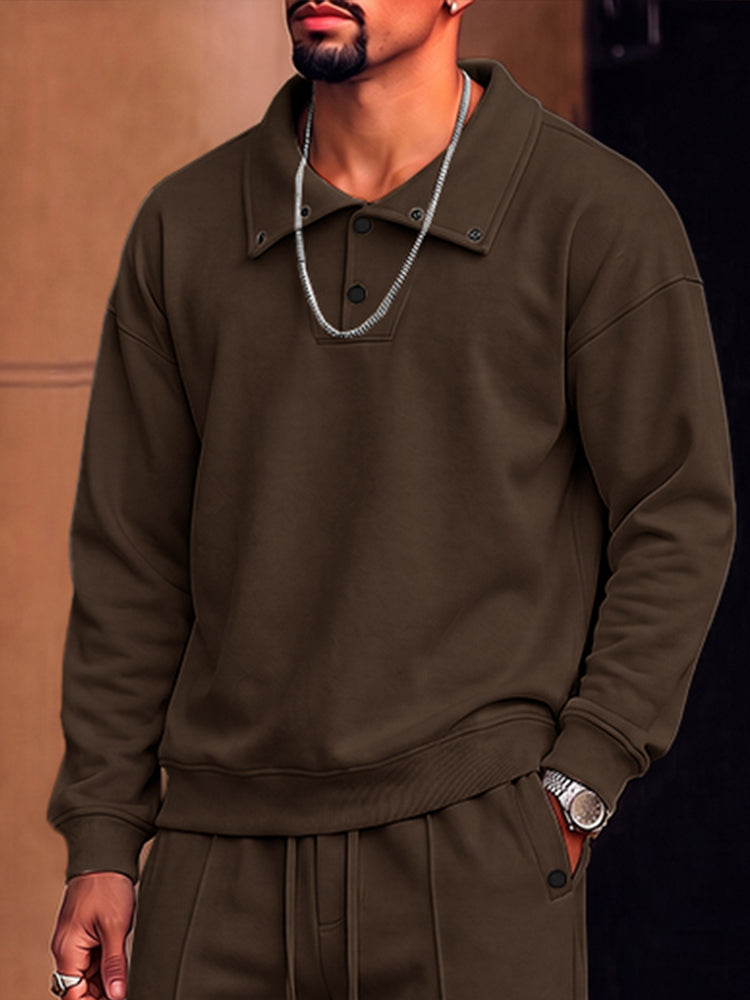 Casual Convertible Collar Fleece Sweatshirt Set - Brown