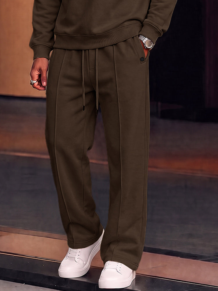 Casual Convertible Collar Fleece Sweatshirt Set - Brown