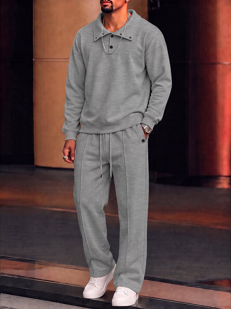 Casual Convertible Collar Fleece Sweatshirt Set - Gray