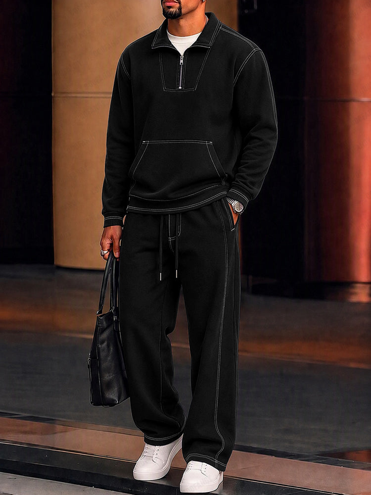Sporty Faux Suede Contrast Stitching Matching Set - Black