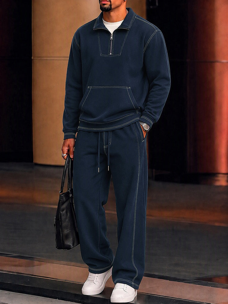 Sporty Faux Suede Contrast Stitching Matching Set - Dark Blue