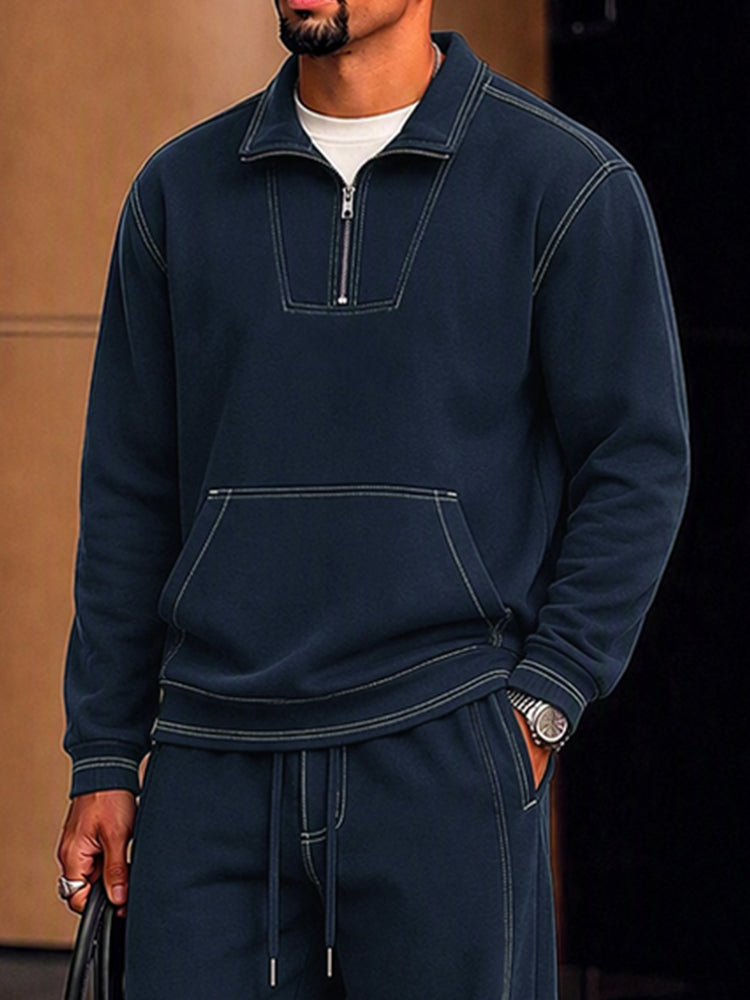 Sporty Faux Suede Contrast Stitching Matching Set - Dark Blue