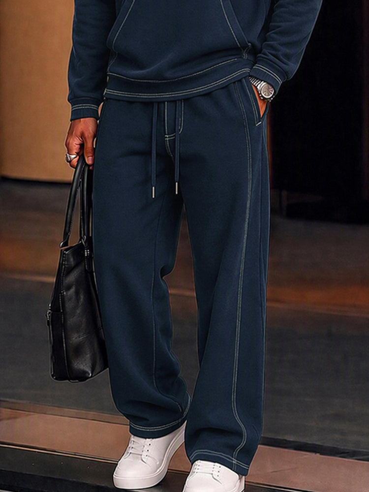 Sporty Faux Suede Contrast Stitching Matching Set - Dark Blue