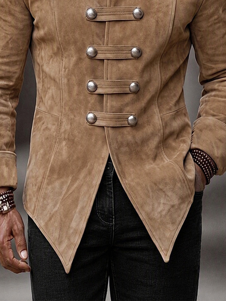 Vintage Faux Suede Stand Collar Jacket - Coffee