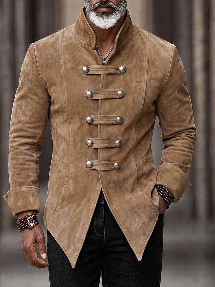 Vintage Faux Suede Stand Collar Jacket - Coffee