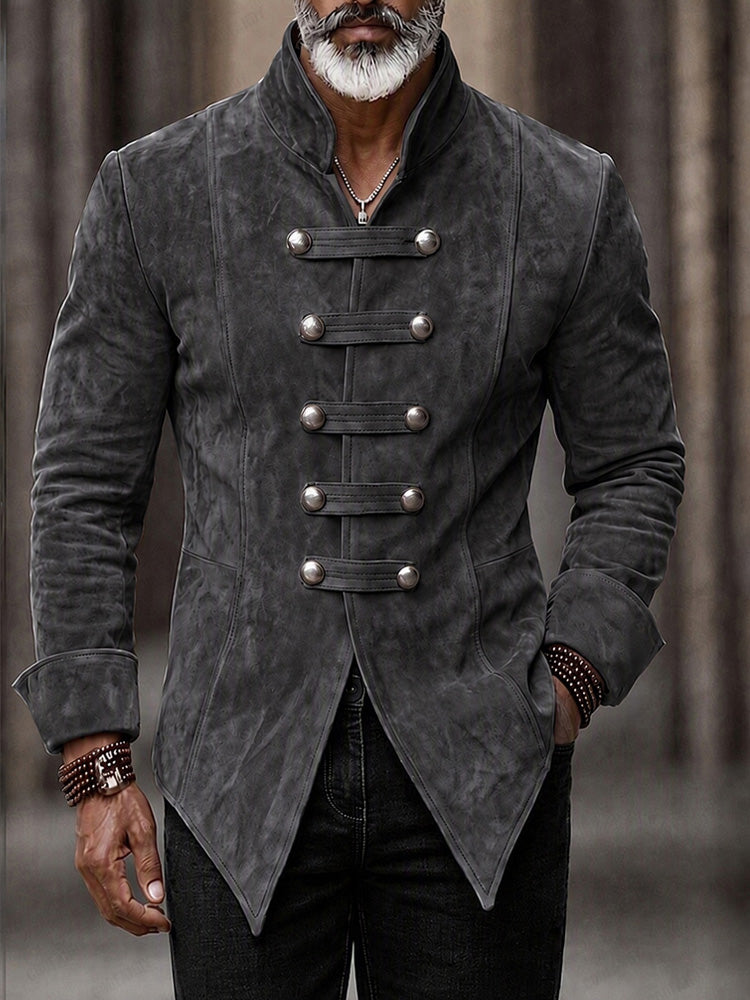 Vintage Faux Suede Stand Collar Jacket - Dark Gray
