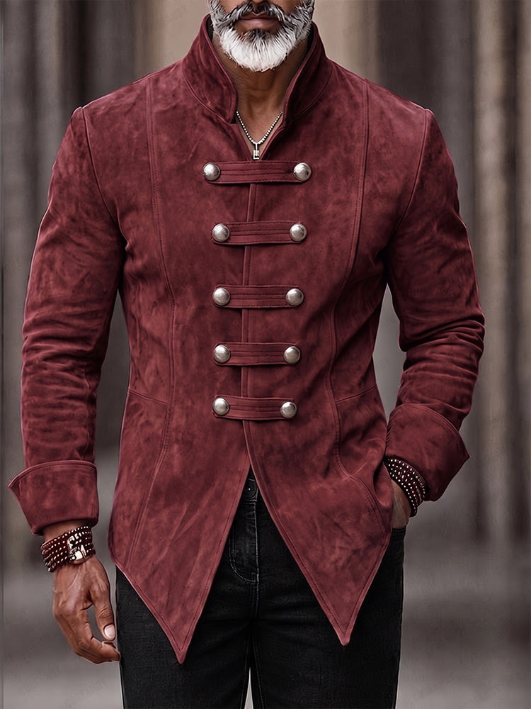 Vintage Faux Suede Stand Collar Jacket - Wine Red