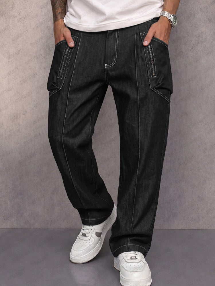 Casual Street Style Faux Denim Cargo Pants - Black